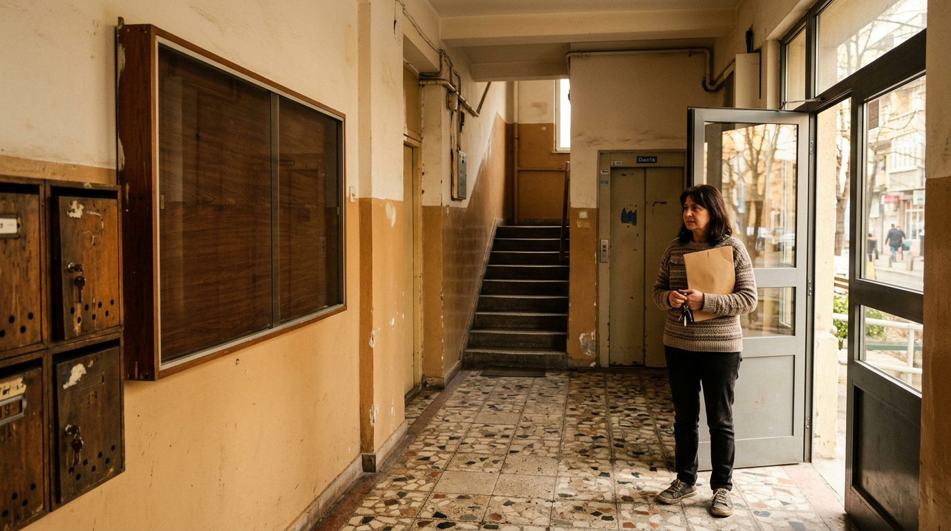 Intrare bloc de apartamente din România cu avizier și un locatar citind documente