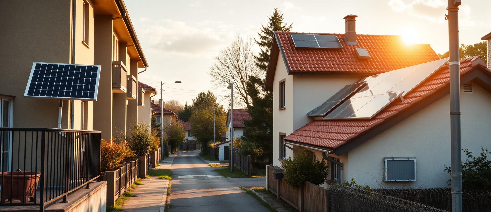 Stradă rezidențială din România, cu un panou solar pe balconul unui bloc în stânga și un sistem complet pe acoperișul unei case în dreapta