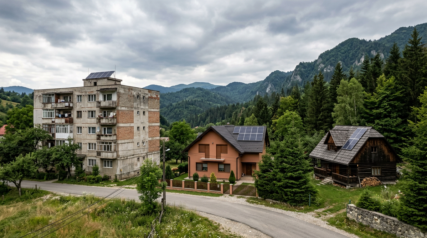 Trei tipuri de locuințe românești: bloc de apartamente, casă la curte și cabană de munte, fiecare cu panouri solare