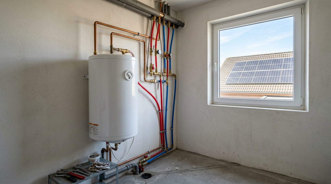 Boiler electric montat pe peretele unei case, cu panouri fotovoltaice vizibile prin fereastră pe acoperișul vecin