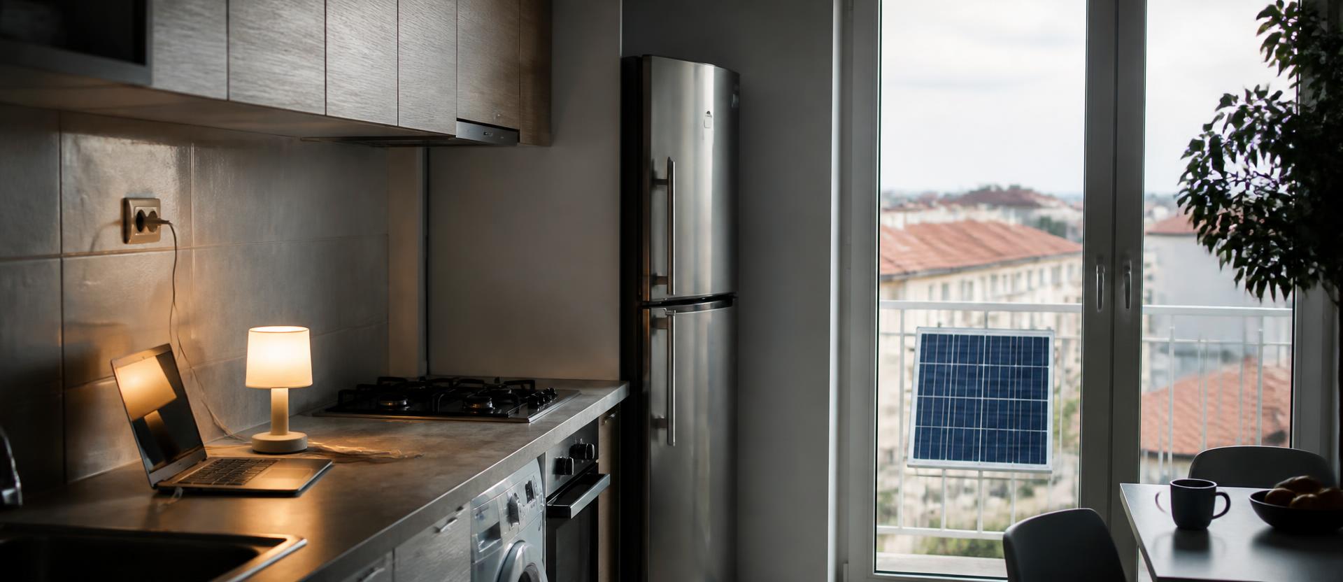 Bucătărie de apartament cu frigider, lampă LED și laptop la încărcat, iar afară pe balustrada balconului un panou solar mic