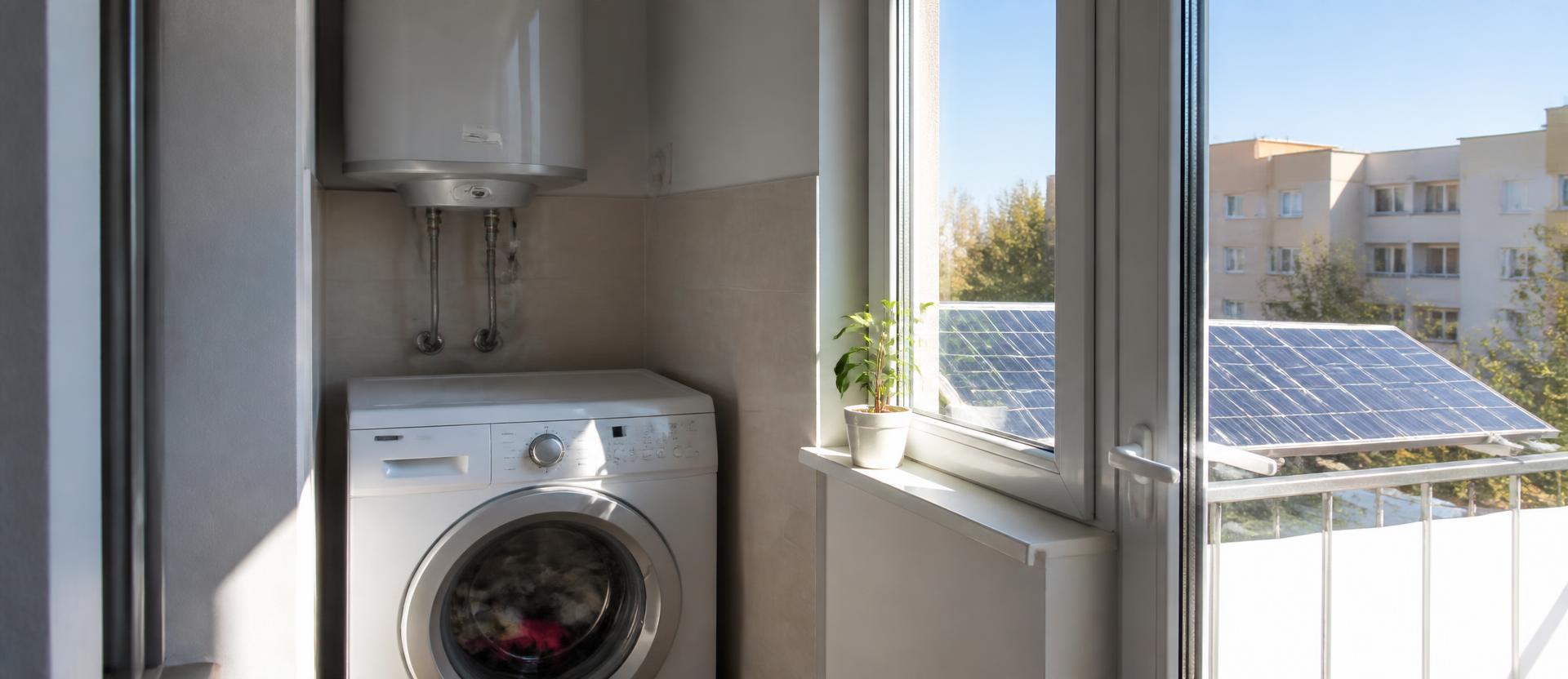 Mașină de spălat și boiler electric mic într-un colț de apartament, cu două panouri solare vizibile pe balcon prin geam