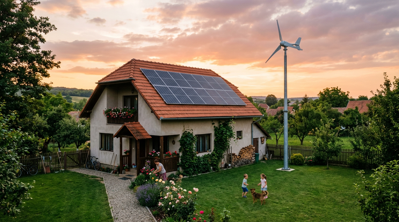 Casă unifamilială din România cu panouri solare pe acoperiș și o mică turbină eoliană rezidențială în curte