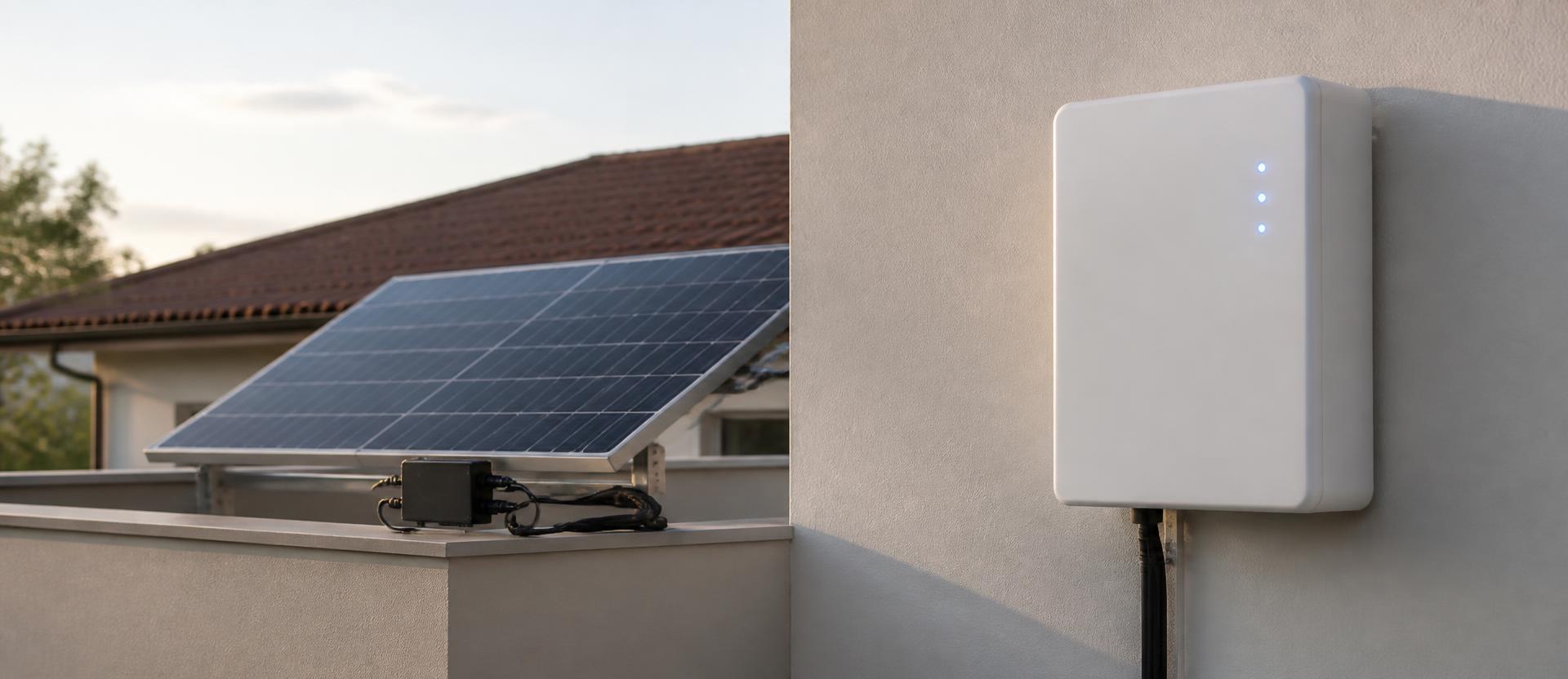 Panou solar mic montat pe balustrada unui balcon, cu o unitate compactă de stocare lângă ușa balconului, în lumină de după-amiază