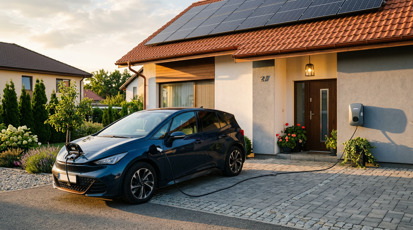 Mașină electrică la încărcare pe aleea unei case rezidențiale cu panouri solare pe acoperiș