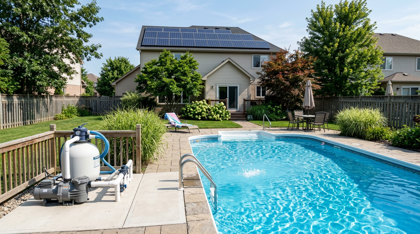 Piscină rezidențială cu pompă de filtrare vizibilă și panouri fotovoltaice pe acoperișul casei din fundal