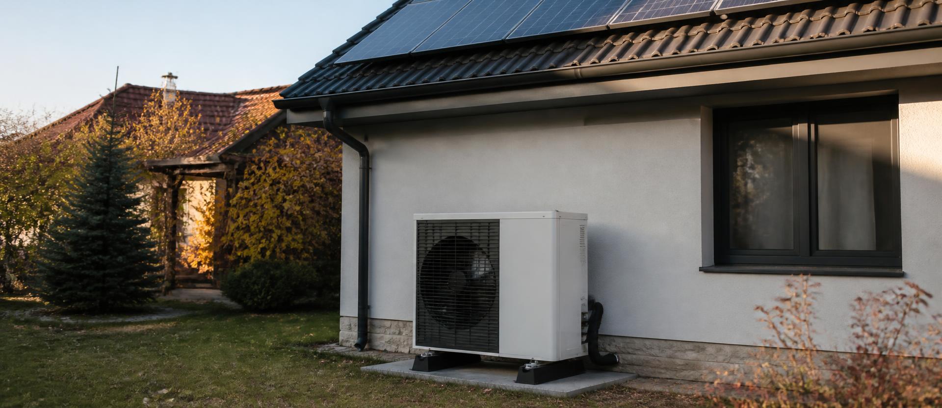 Unitate exterioară de pompă de căldură aer-apă montată lângă peretele unei case, cu panouri fotovoltaice pe acoperișul înclinat deasupra