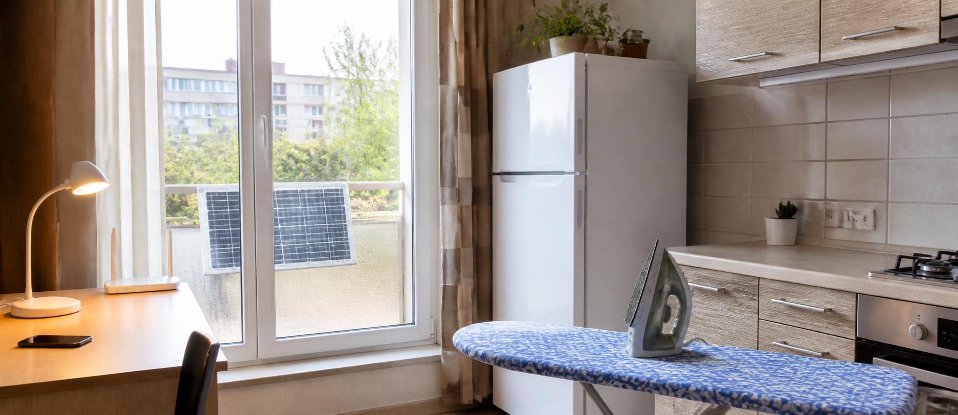 Bucătărie de apartament în lumină de zi, cu frigider, lampă LED aprinsă, router pe raft și un fier de călcat pe masa de călcat, iar afară pe balcon un panou solar mic