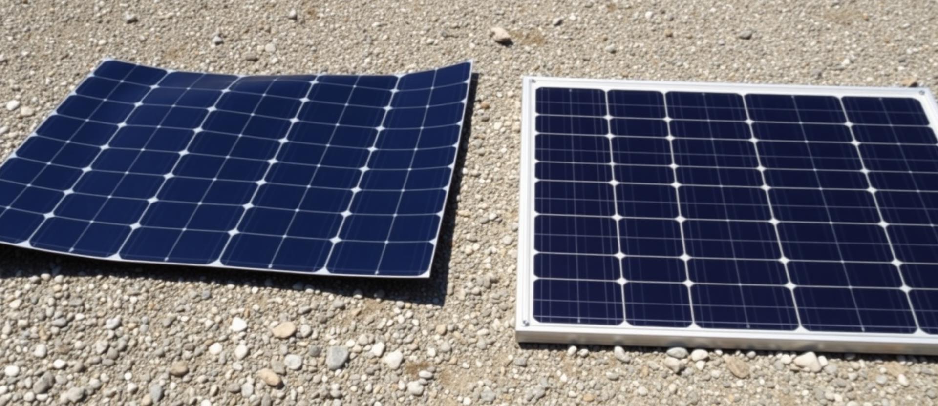 Un panou solar flexibil, subțire și ușor curbat, alături de un panou rigid cu cadru de aluminiu, pe pietriș, în lumină puternică