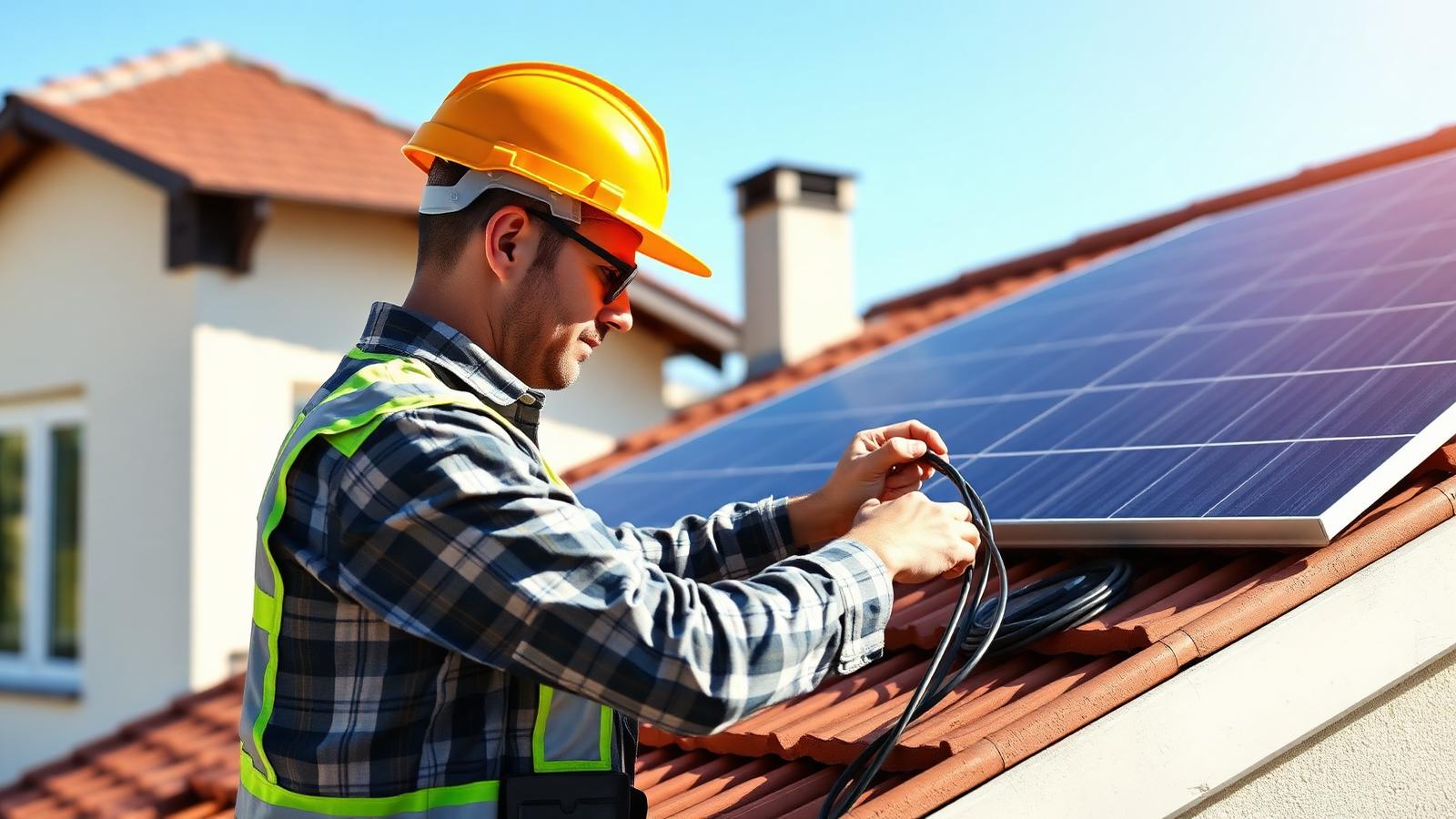 Electrician profesionist cu cască de protecție inspectând instalația de panouri solare pe acoperiș