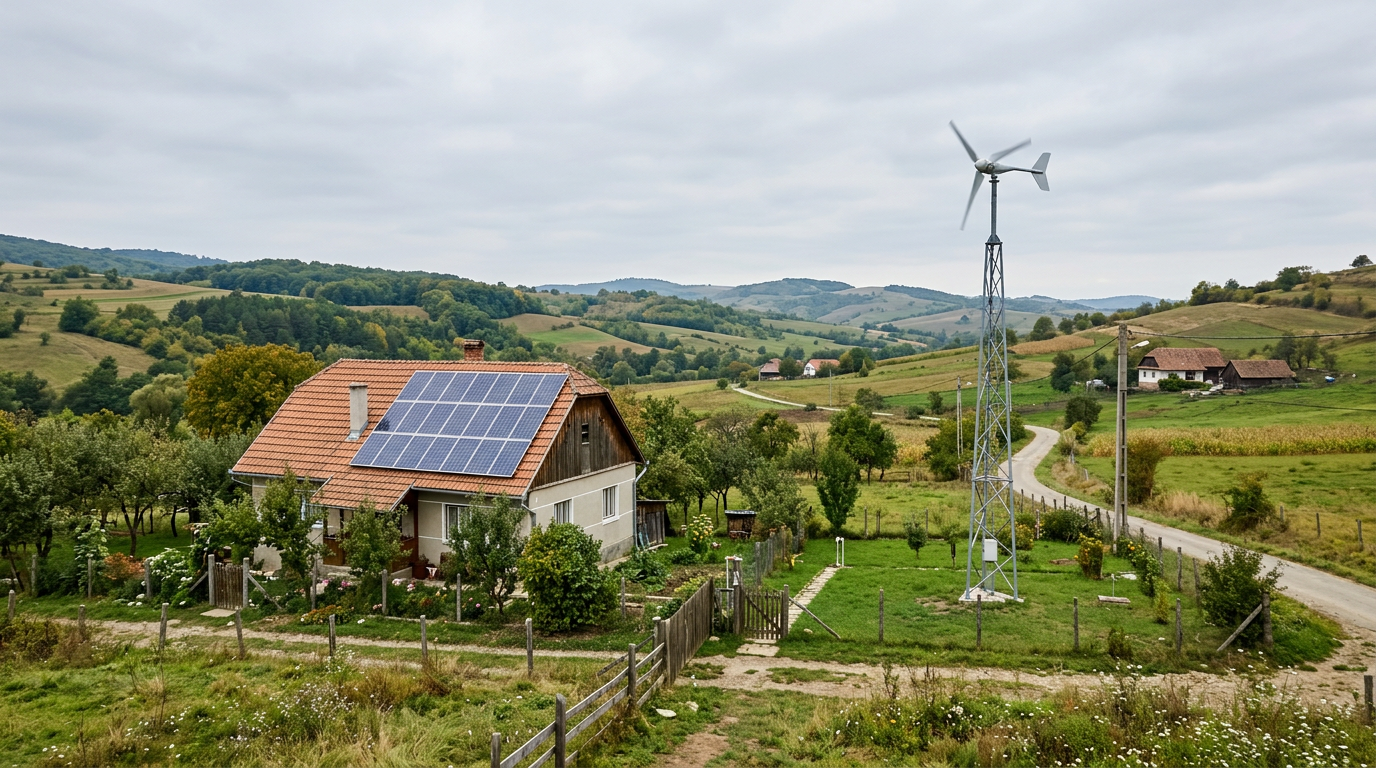 Comparație vizuală între o casă cu panouri fotovoltaice pe acoperiș și o casă cu turbină eoliană mică pe stâlp