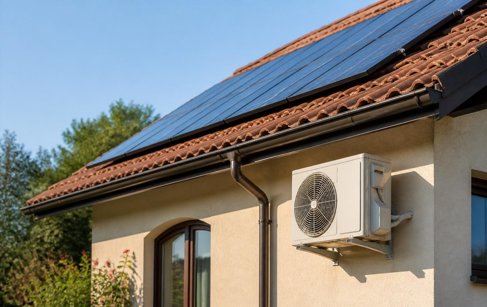 Detaliu unitate exterioară de aer condiționat pe fațada unei case rezidențiale românești, cu panouri fotovoltaice pe acoperișul înclinat deasupra