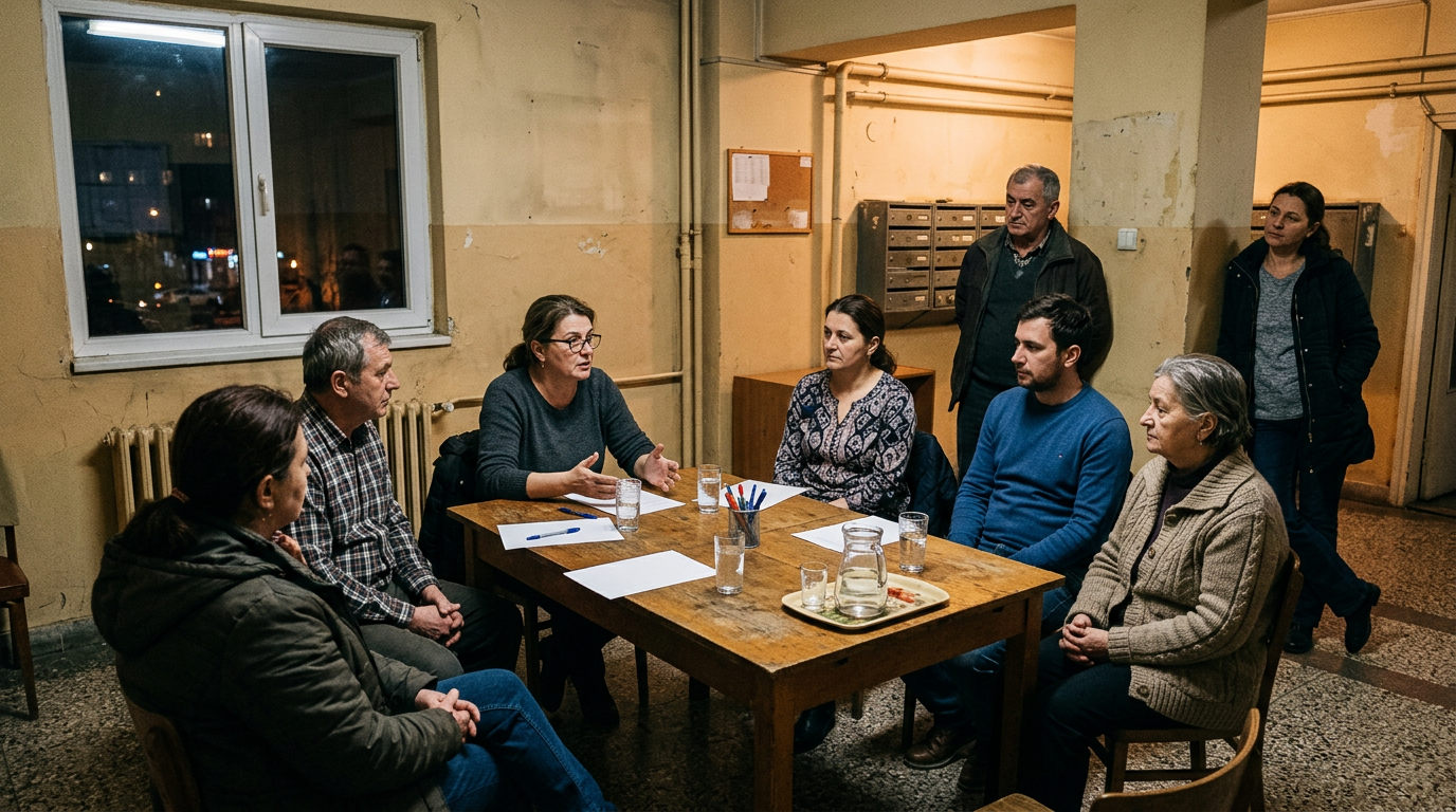 Ședință a asociației de proprietari în sala comună a blocului, locatari discutând documente