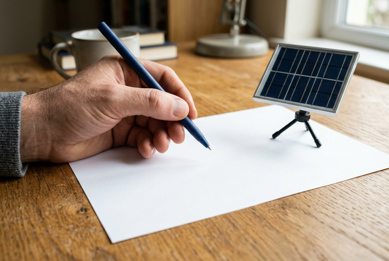 Mână semnând un acord scris pentru montaj panou solar cu pix, panou solar în fundal