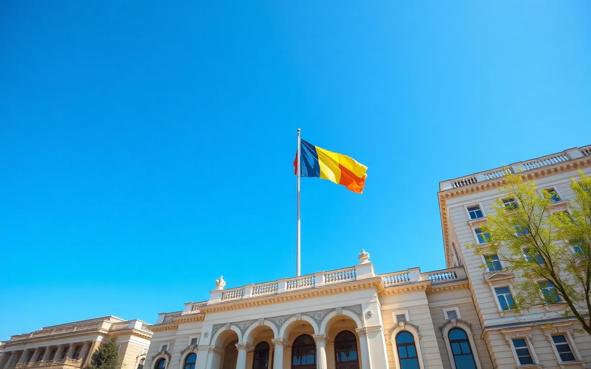 Clădire de primărie din România cu drapel tricolor, arhitectură oficială