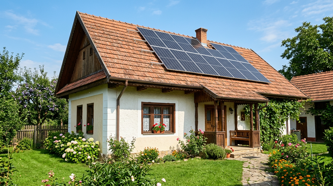 Arhitect analizând planurile unei case cu panouri solare marcate pe acoperiș