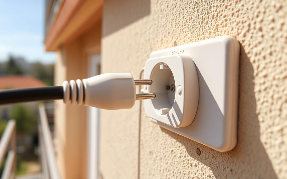 Ștecher Schuko conectat într-o priză exterioară waterproof de pe balcon, detaliu instalare kit solar plug-in