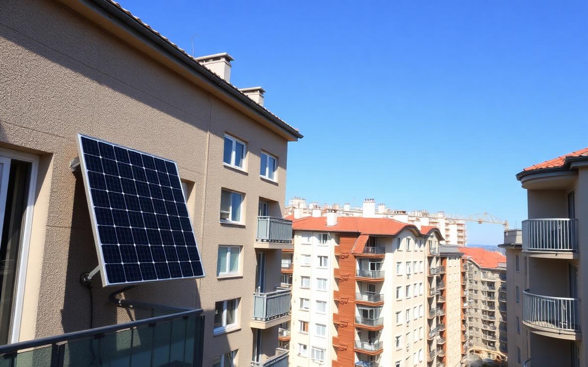 Fațadă bloc de locuințe cu panou solar montat pe balcon, context urban rezidențial românesc