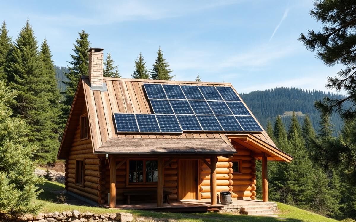 Cabană de lemn în Munții Carpați cu panouri solare pe acoperișul înclinat, sistem off-grid
