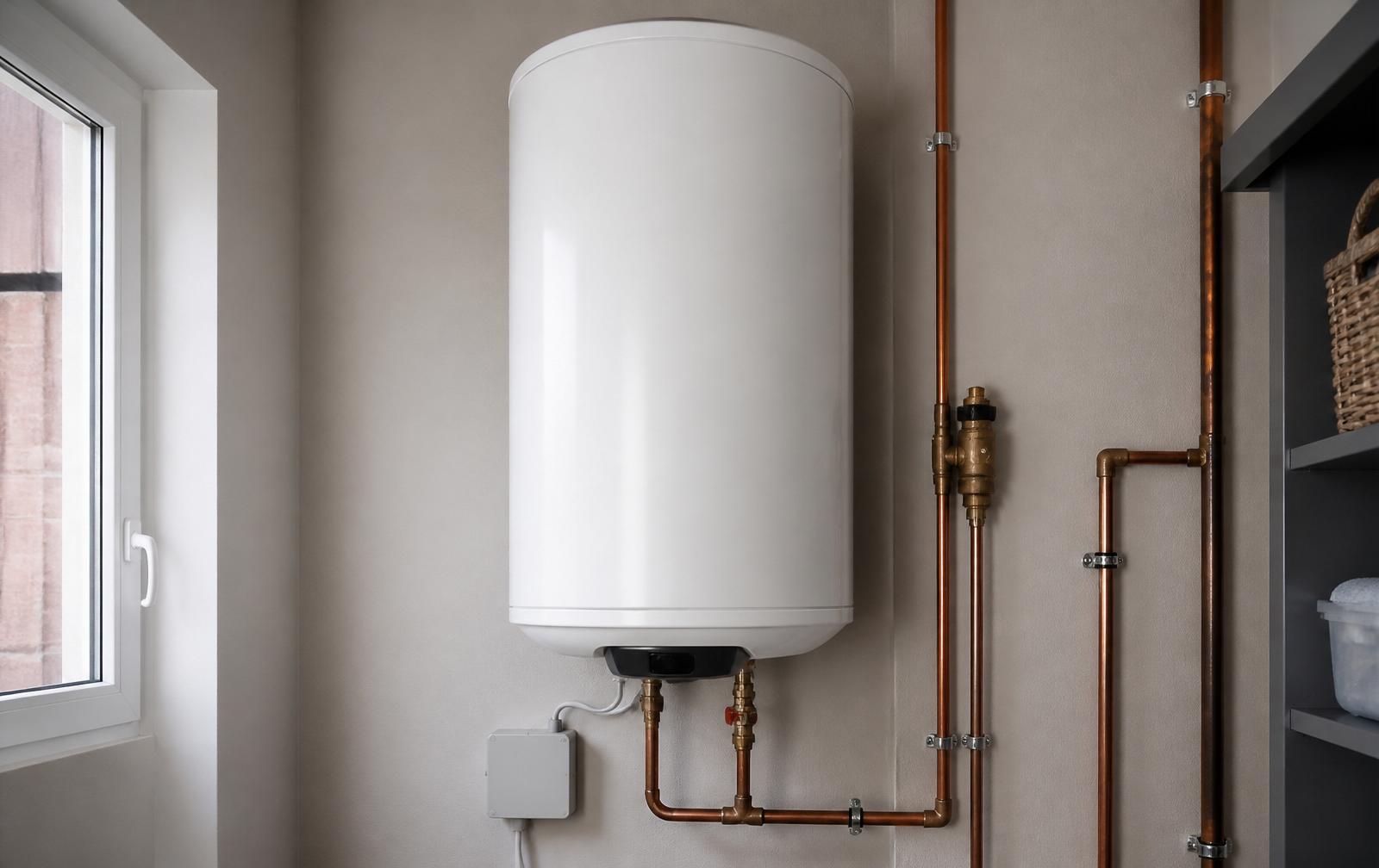 Detaliu boiler electric vertical montat pe perete într-o cameră tehnică, cu țevi de cupru și cutie de conexiuni electrice sub el