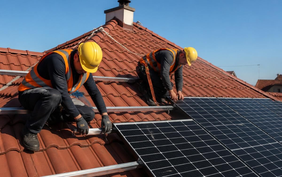 Echipă de instalatori montând panouri solare pe acoperișul unei case rezidențiale din România
