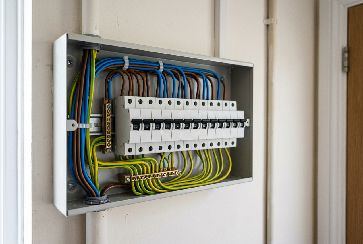 Tablou electric rezidențial deschis cu siguranțe automate și contor inteligent