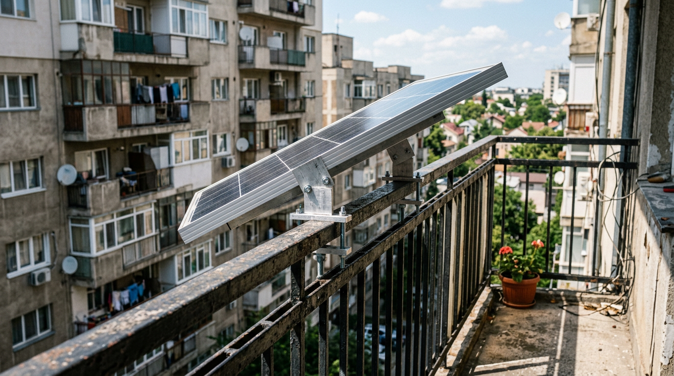 Micro-invertor solar montat pe balustradă cu conectori MC4 și cabluri vizibile