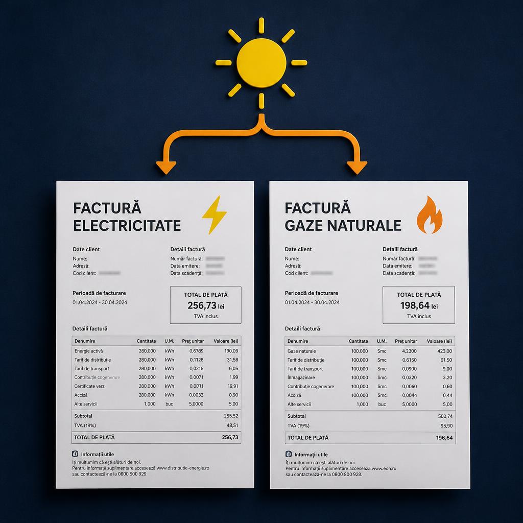 Două facturi românești alăturate — curent electric și gaze naturale — cu săgeată portocalie de la surplusul solar spre ambele