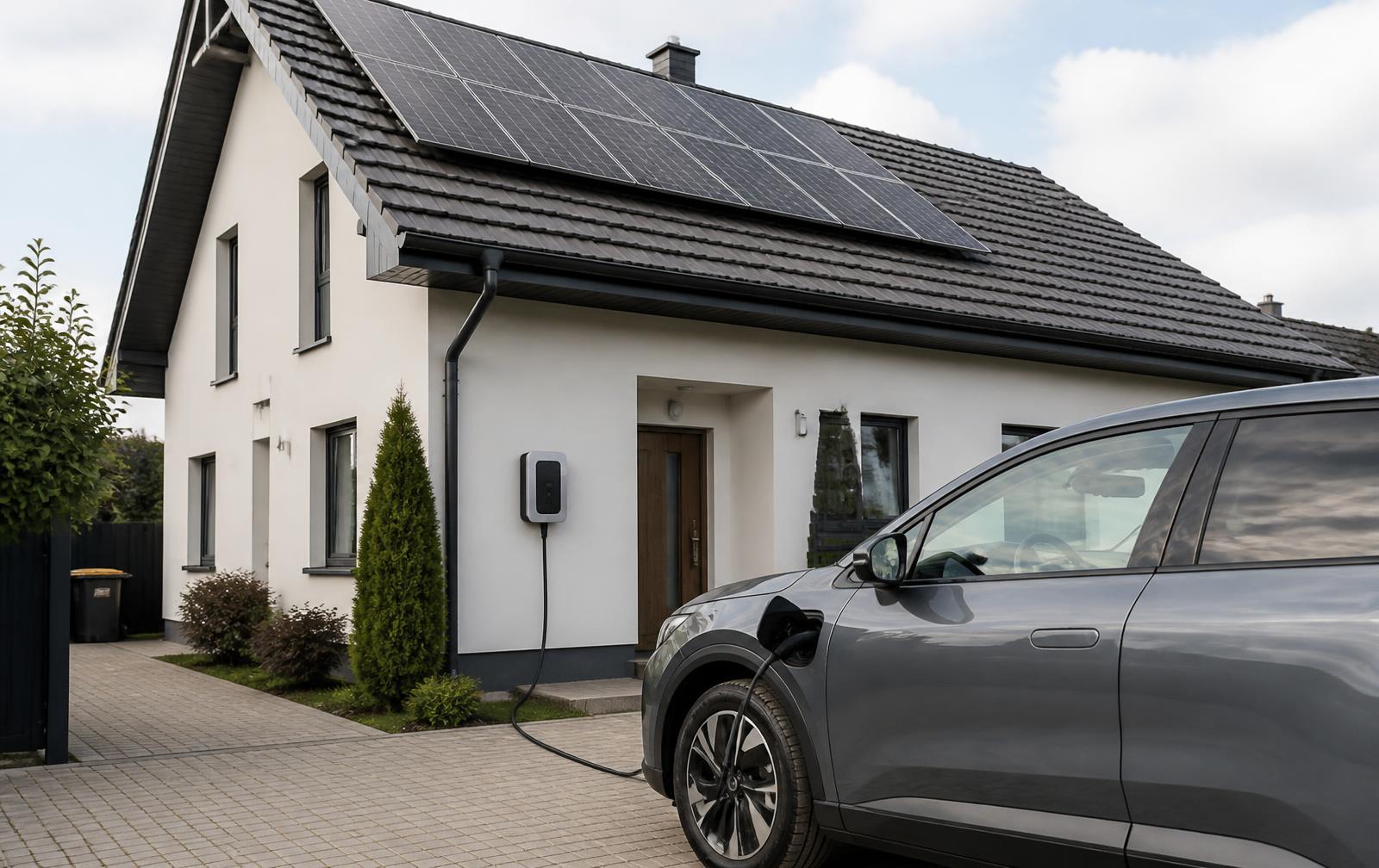 Detaliu wallbox montat pe fațadă și cablu conectat la portul de încărcare al unei mașini electrice, cu panouri solare pe acoperișul casei