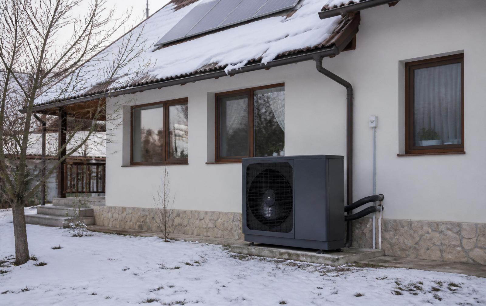 Unitate exterioară de pompă de căldură aer-apă instalată pe soclu de beton lângă o casă rezidențială iarna, cu zăpadă pe sol și panouri fotovoltaice pe acoperiș