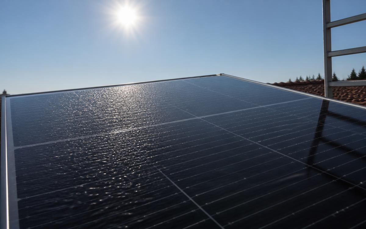 Suprafața unui panou solar în arșiță, cu umbra parțială a unei balustrade căzând pe un colț