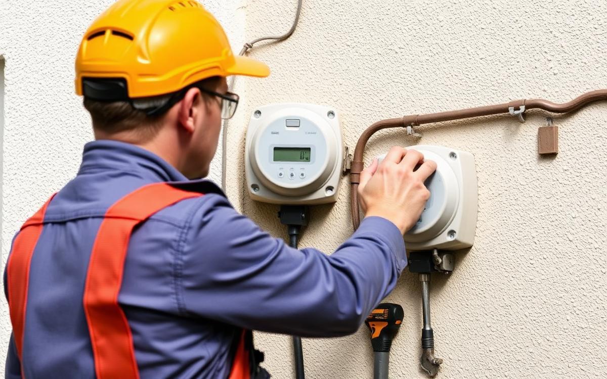 Electrician autorizat instalând un contor bidirecțional pe peretele exterior al unei case